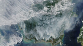Ilustrasi: citra satelit sebaran asap karhutla di Kalimantan pada 2019. (Foto: NASA via Wikimedia Commons)